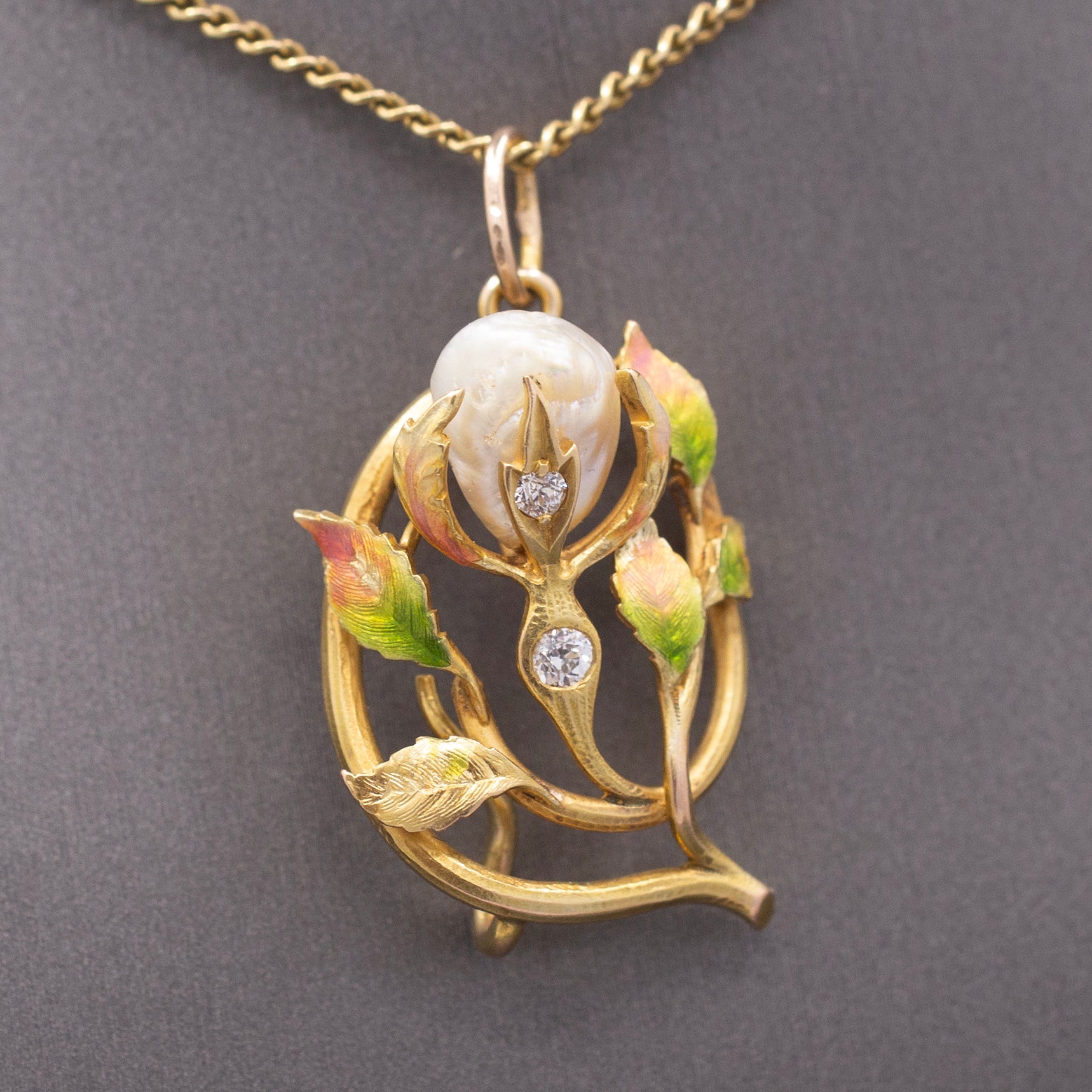 Gorgeous Art Nouveau Diamond Enamel and Natural Pearl Pendant in 14k Yellow Gold