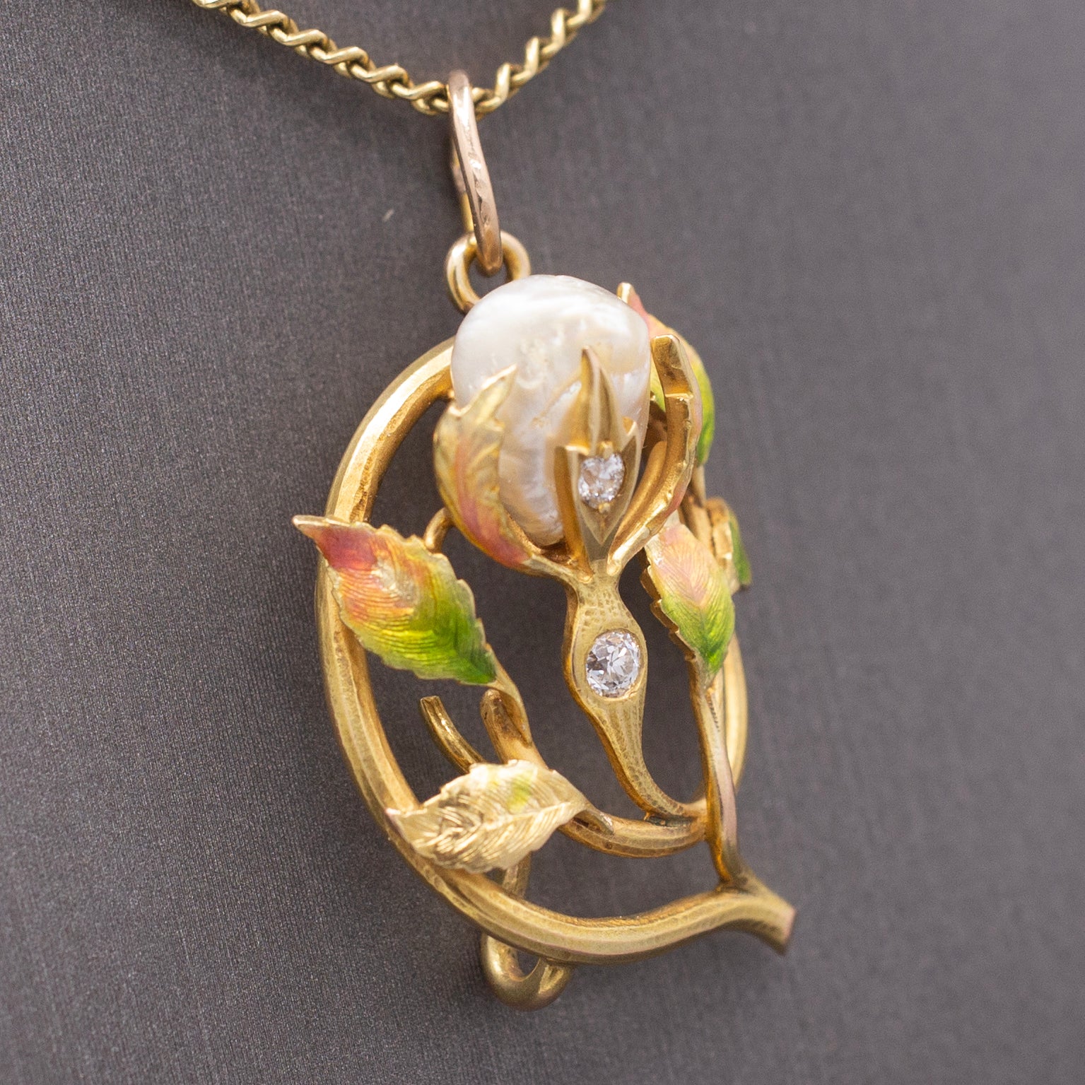 Gorgeous Art Nouveau Diamond Enamel and Natural Pearl Pendant in 14k Yellow Gold