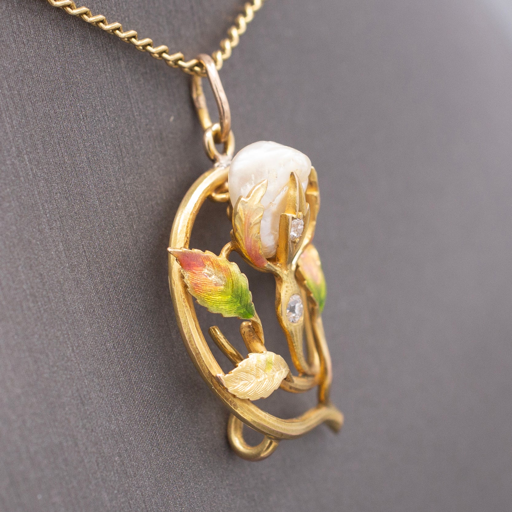 Gorgeous Art Nouveau Diamond Enamel and Natural Pearl Pendant in 14k Yellow Gold