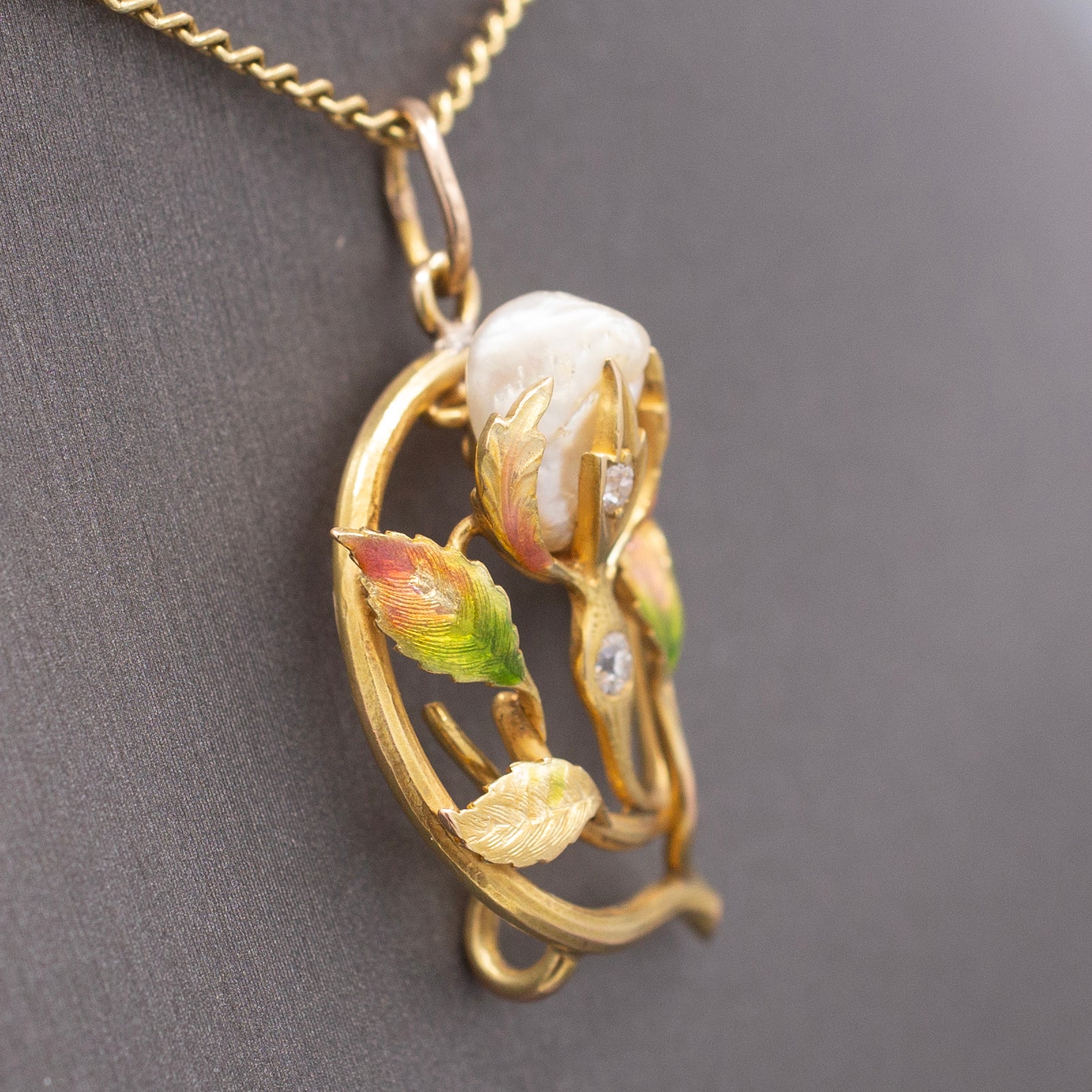 Gorgeous Art Nouveau Diamond Enamel and Natural Pearl Pendant in 14k Yellow Gold