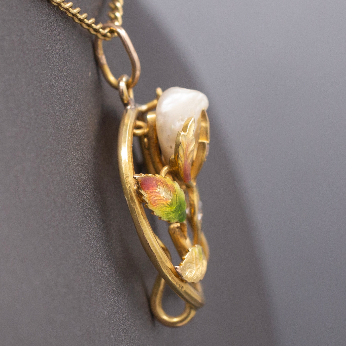 Gorgeous Art Nouveau Diamond Enamel and Natural Pearl Pendant in 14k Yellow Gold