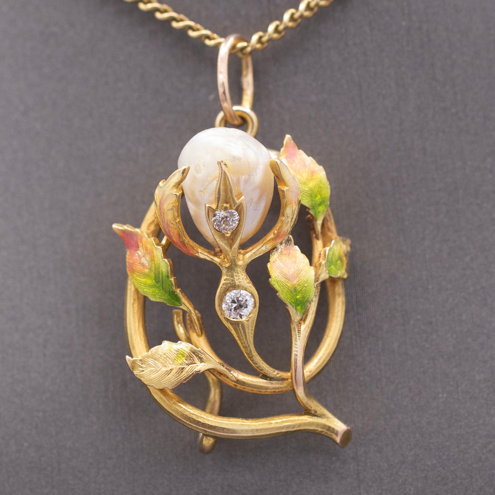 Gorgeous Art Nouveau Diamond Enamel and Natural Pearl Pendant in 14k Yellow Gold