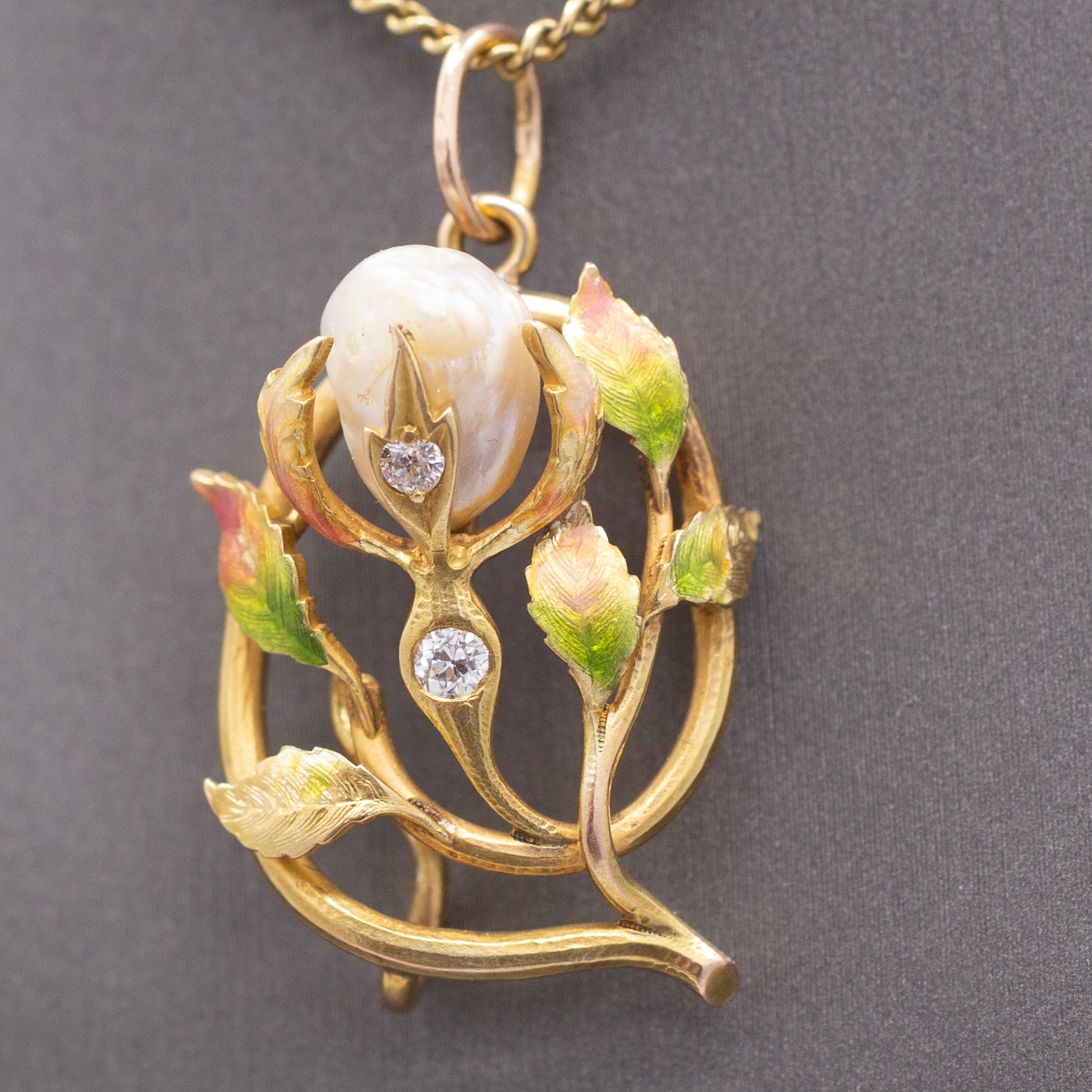Gorgeous Art Nouveau Diamond Enamel and Natural Pearl Pendant in 14k Yellow Gold
