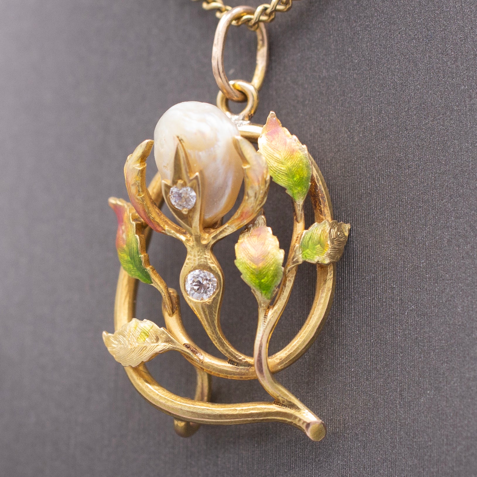 Gorgeous Art Nouveau Diamond Enamel and Natural Pearl Pendant in 14k Yellow Gold