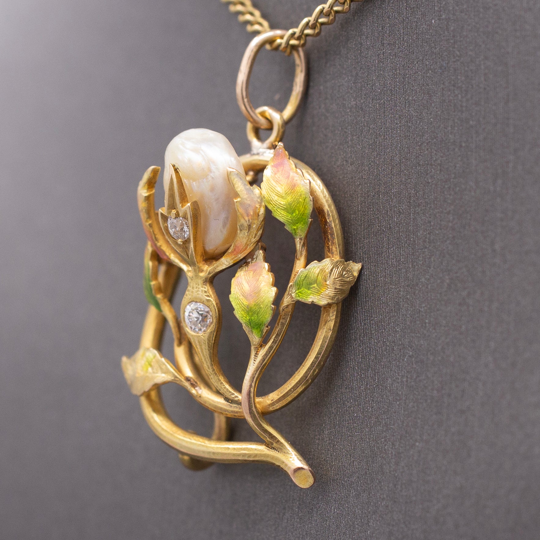 Gorgeous Art Nouveau Diamond Enamel and Natural Pearl Pendant in 14k Yellow Gold