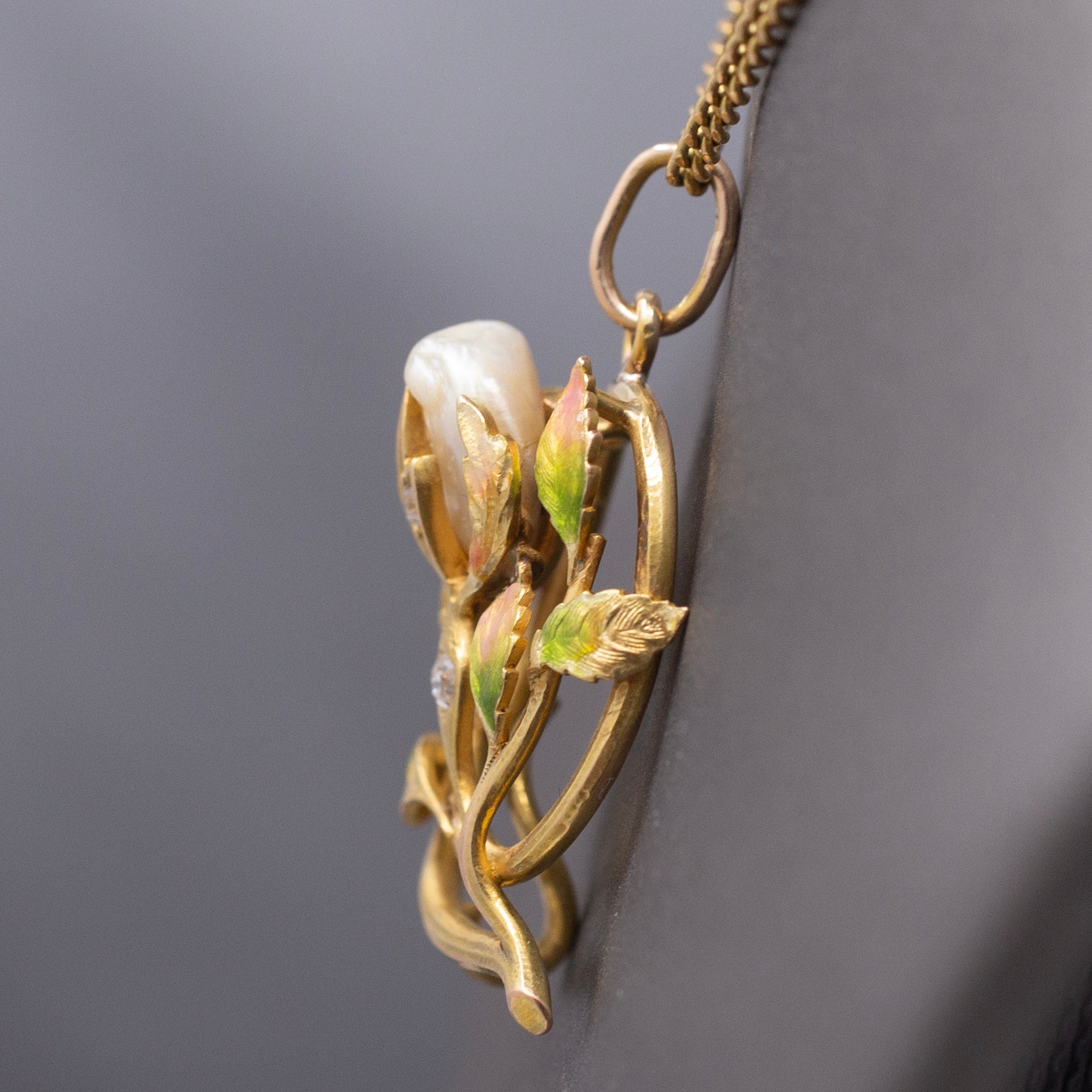 Gorgeous Art Nouveau Diamond Enamel and Natural Pearl Pendant in 14k Yellow Gold
