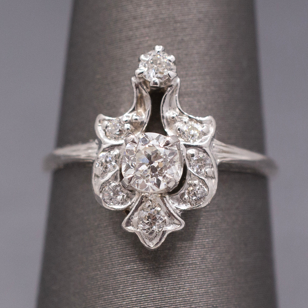 Sparkling Art Deco Old European Cut Diamond Petite Ring in 14k and 18k White Gold