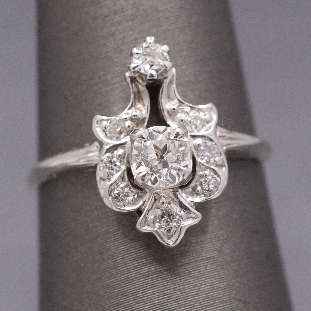 Sparkling Art Deco Old European Cut Diamond Petite Ring in 14k and 18k White Gold