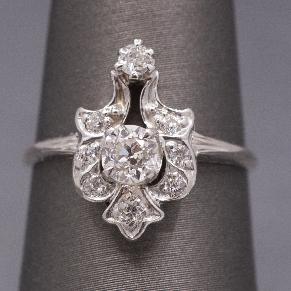 Sparkling Art Deco Old European Cut Diamond Petite Ring in 14k and 18k White Gold
