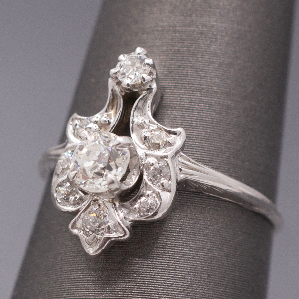 Sparkling Art Deco Old European Cut Diamond Petite Ring in 14k and 18k White Gold