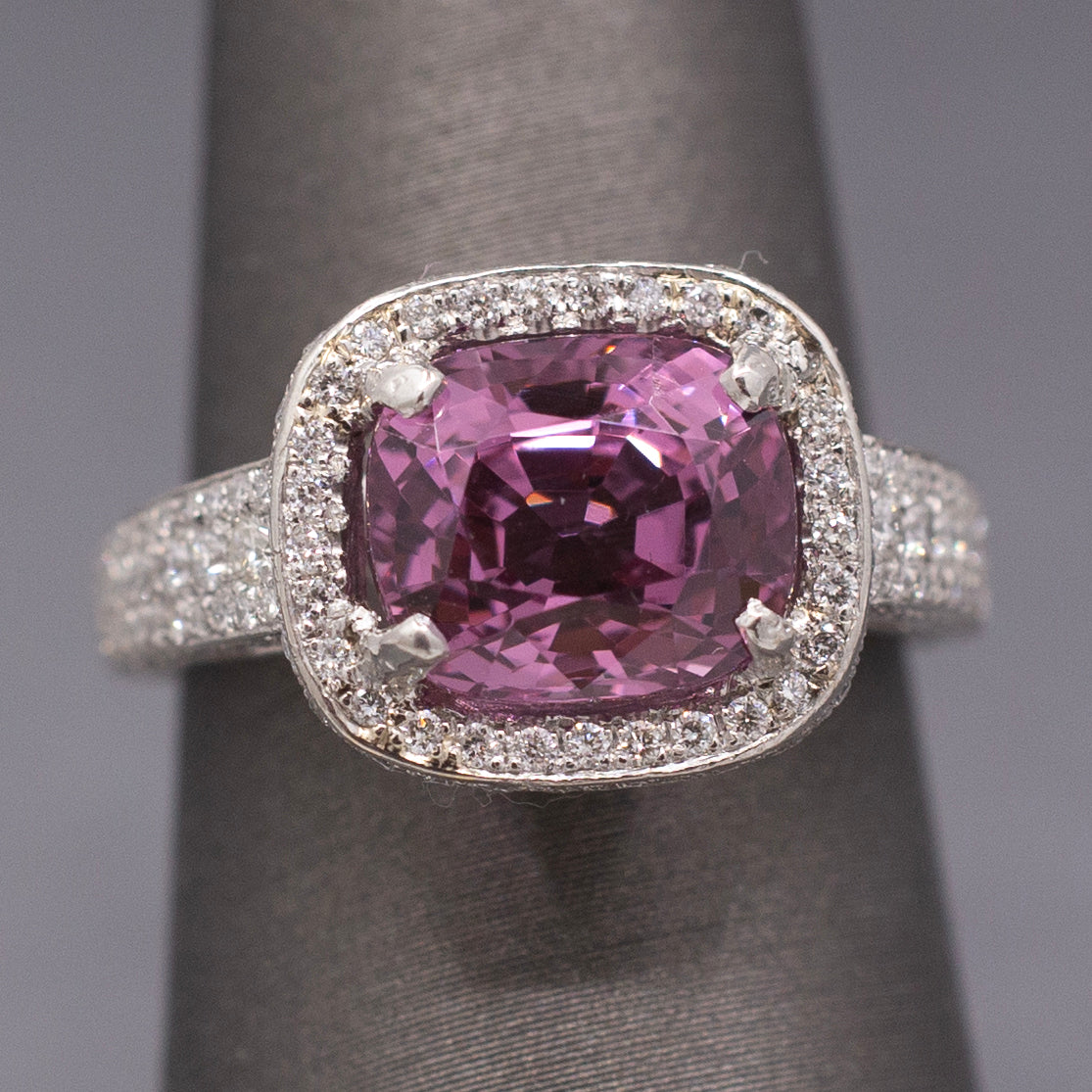 Exquisite Pink Plum Purple Spinel and Diamond Ring in Platinum