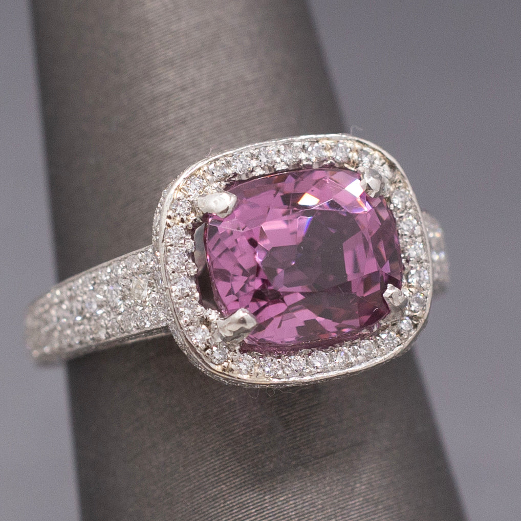 Exquisite Pink Plum Purple Spinel and Diamond Ring in Platinum