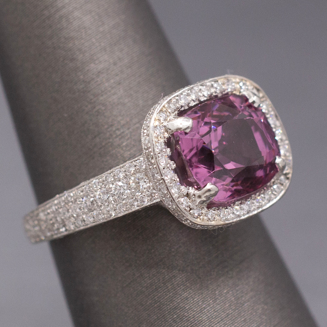 Exquisite Pink Plum Purple Spinel and Diamond Ring in Platinum