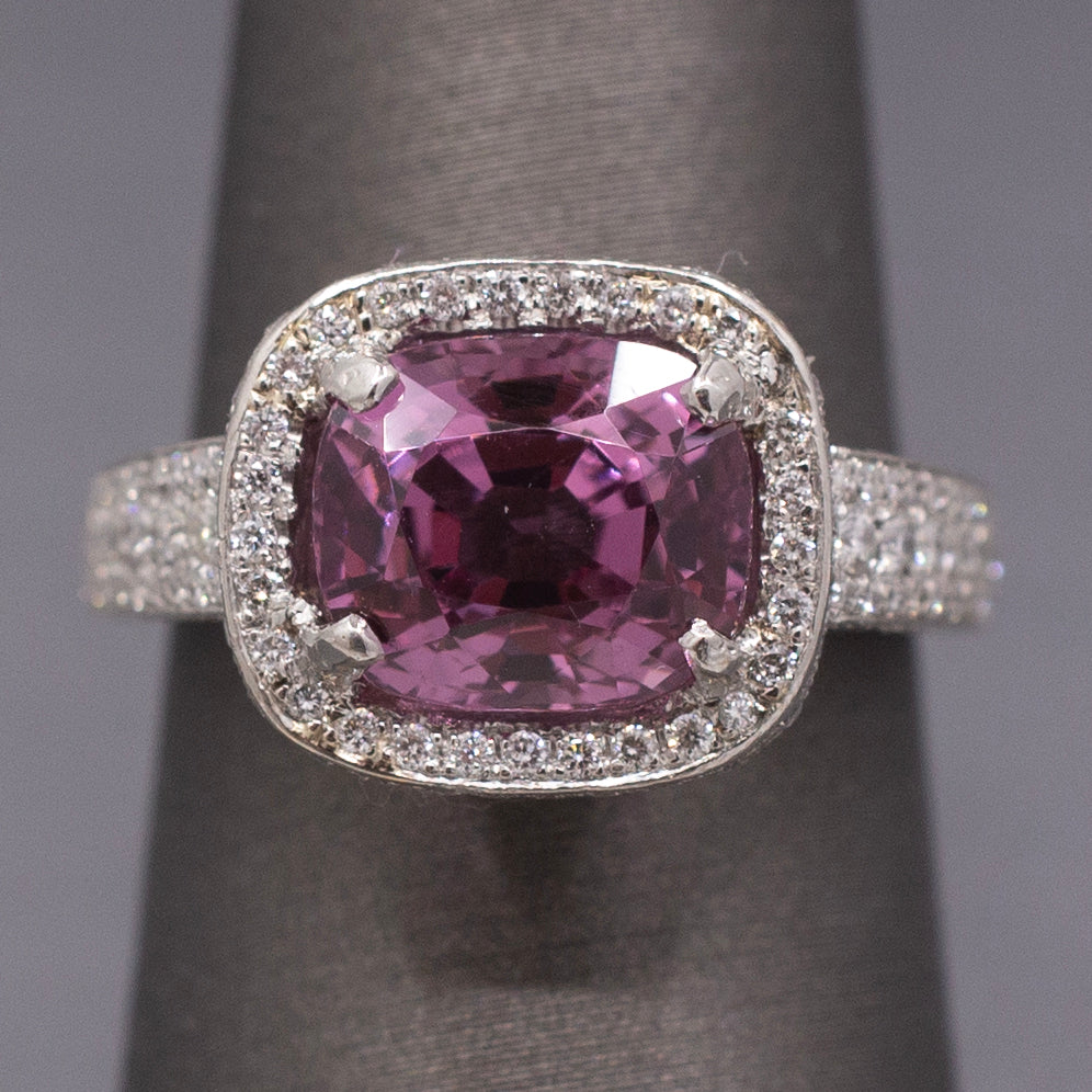 Exquisite Pink Plum Purple Spinel and Diamond Ring in Platinum