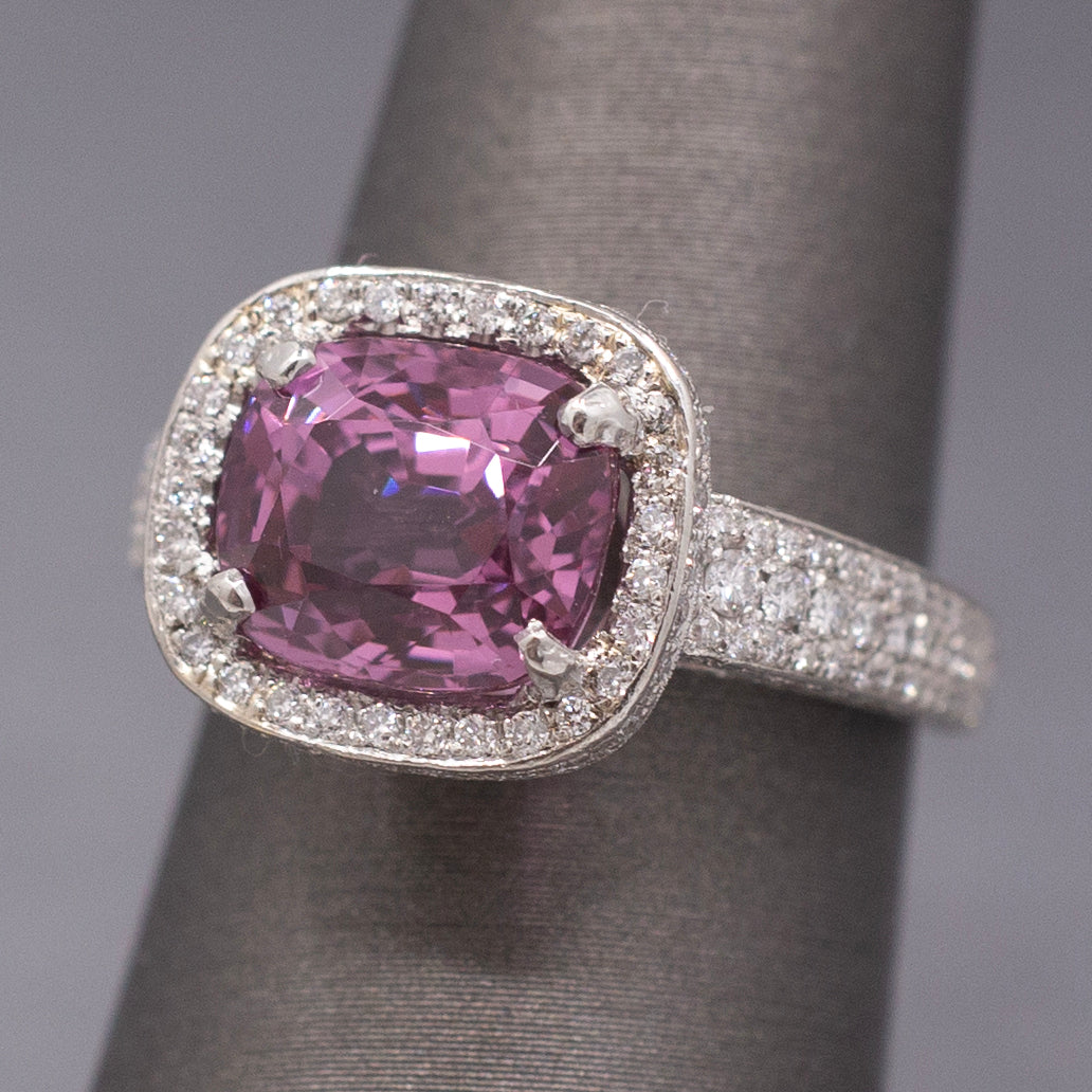 Exquisite Pink Plum Purple Spinel and Diamond Ring in Platinum