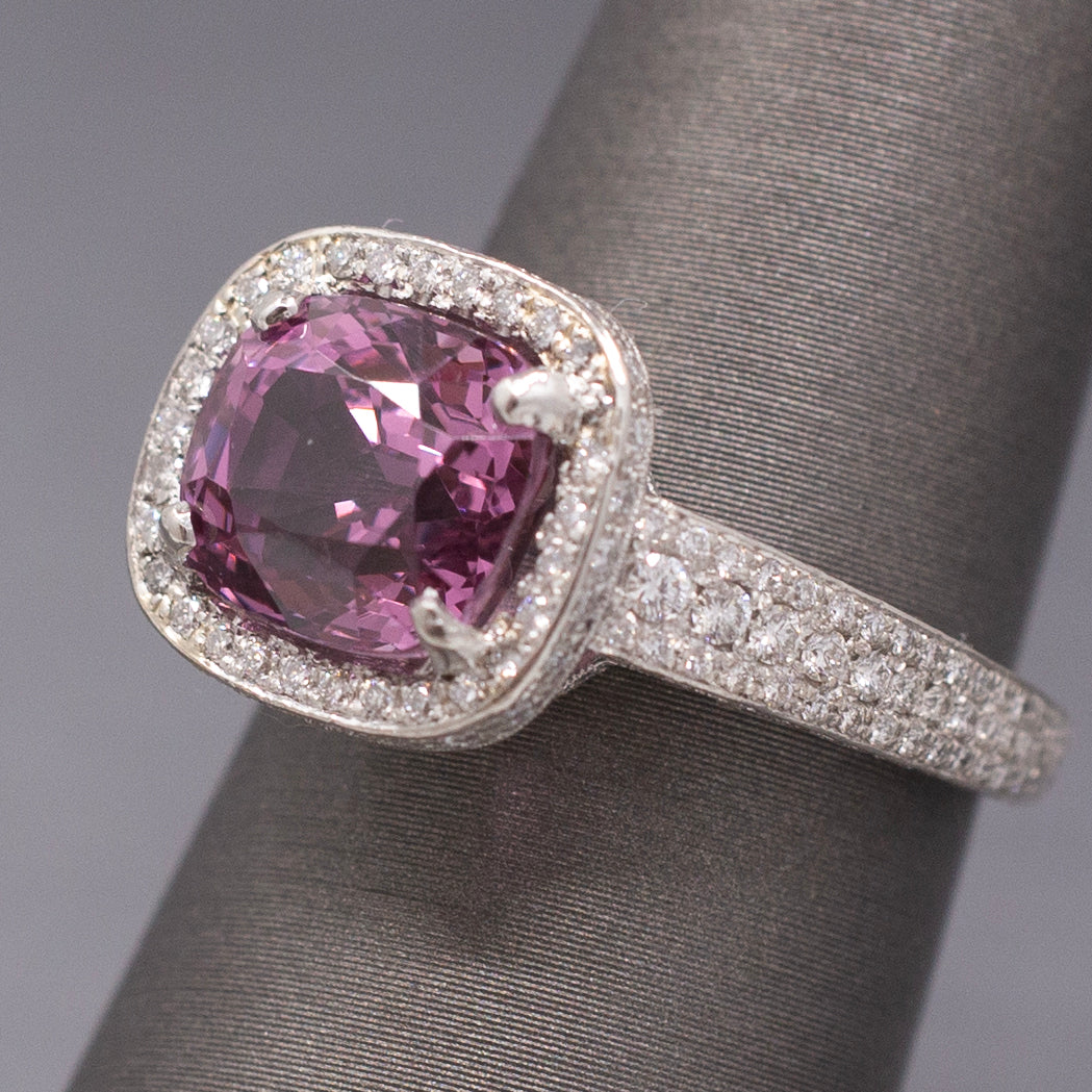 Exquisite Pink Plum Purple Spinel and Diamond Ring in Platinum