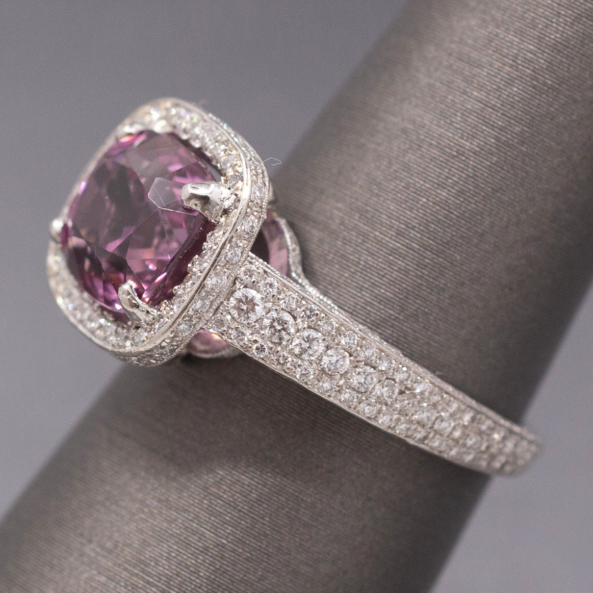 Exquisite Pink Plum Purple Spinel and Diamond Ring in Platinum