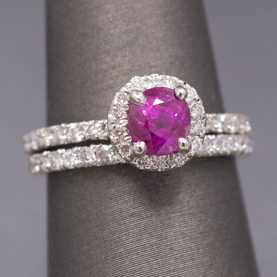 Sparkling Natural Ruby and Diamond Wedding Bridal Ring Set in Platinum