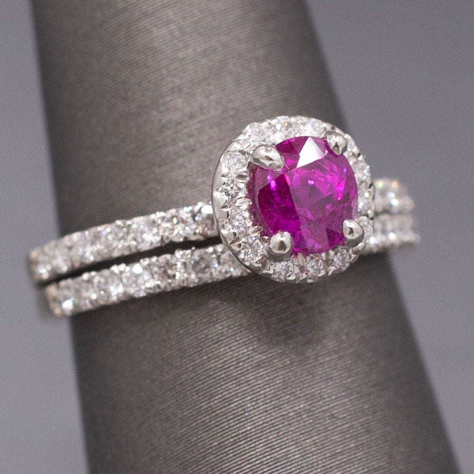 Sparkling Natural Ruby and Diamond Wedding Bridal Ring Set in Platinum