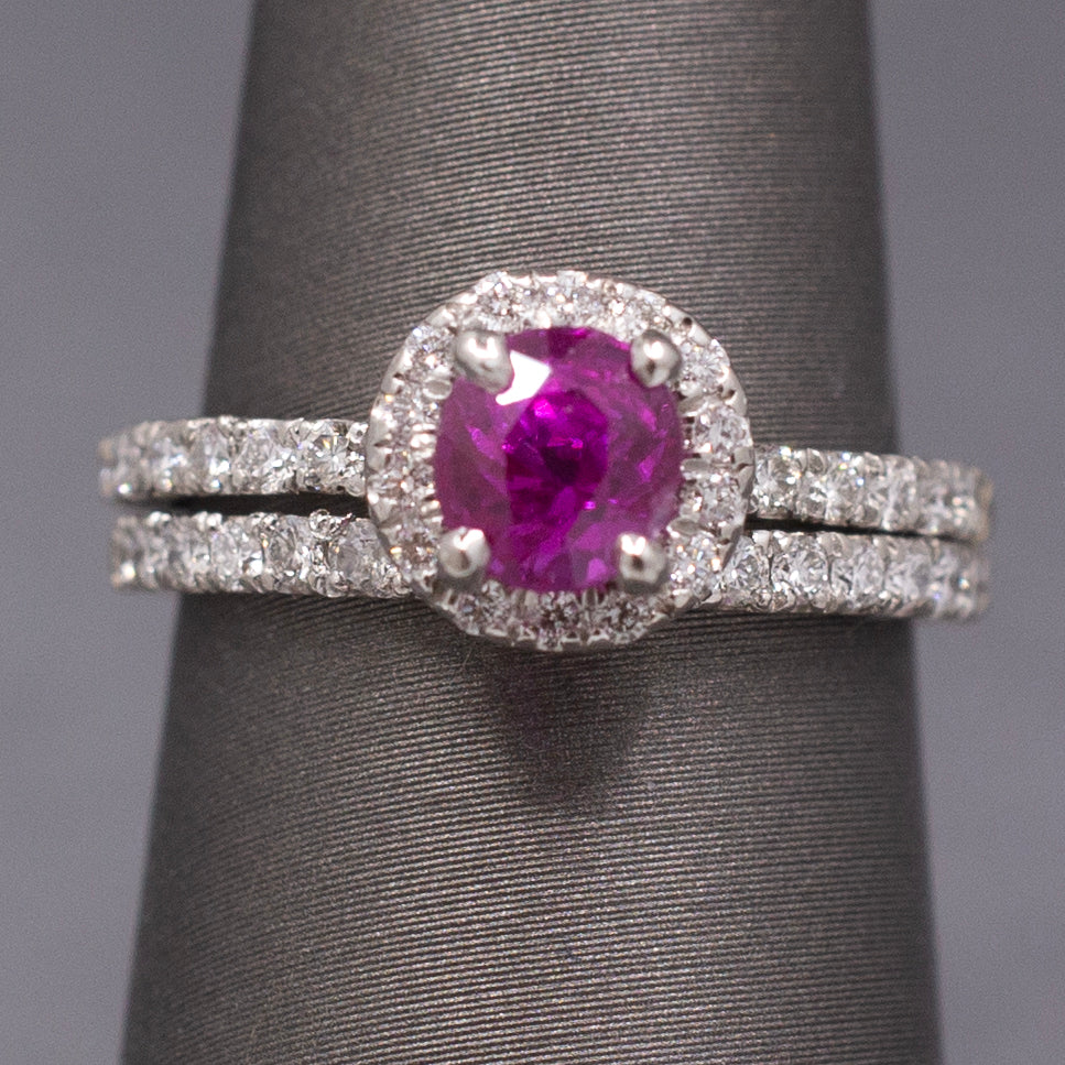 Sparkling Natural Ruby and Diamond Wedding Bridal Ring Set in Platinum
