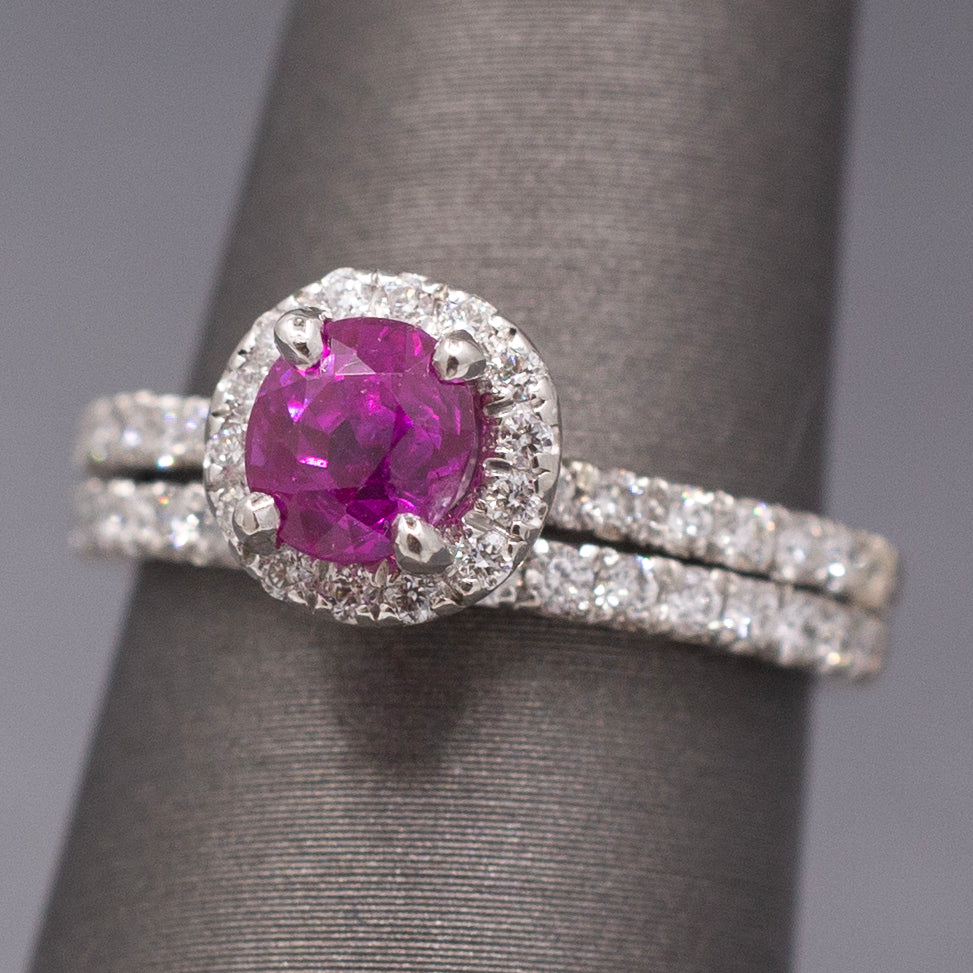 Sparkling Natural Ruby and Diamond Wedding Bridal Ring Set in Platinum