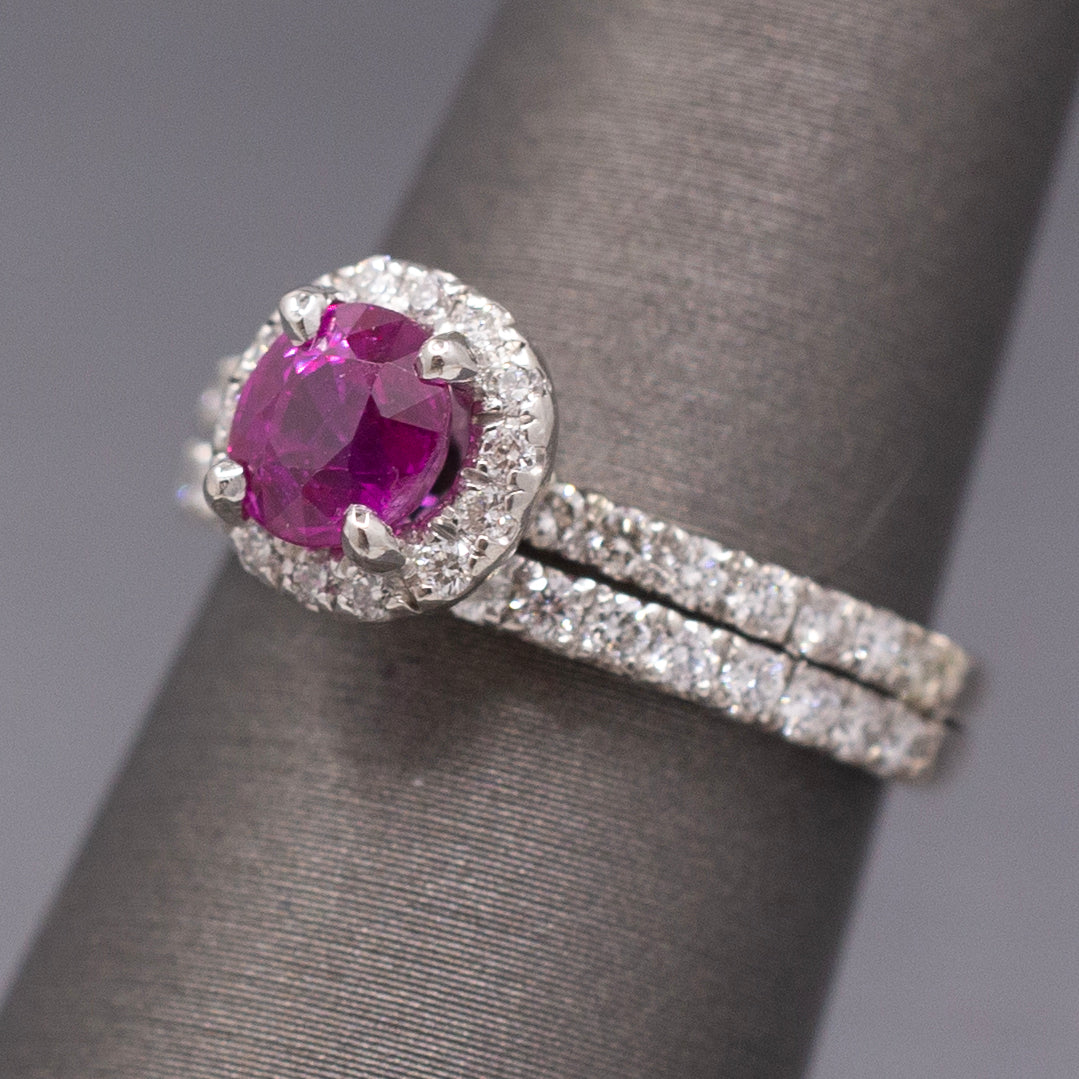 Sparkling Natural Ruby and Diamond Wedding Bridal Ring Set in Platinum