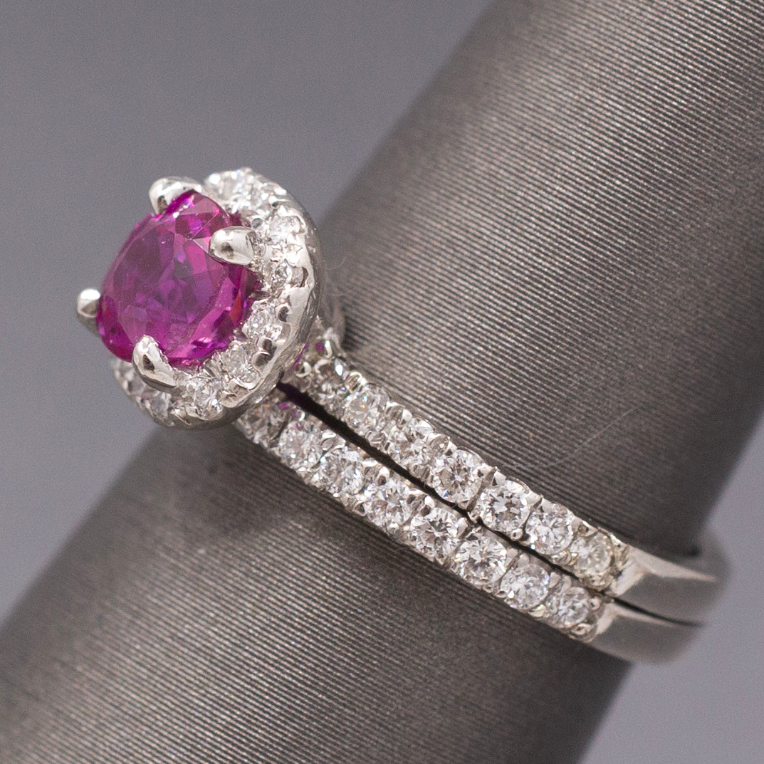 Sparkling Natural Ruby and Diamond Wedding Bridal Ring Set in Platinum