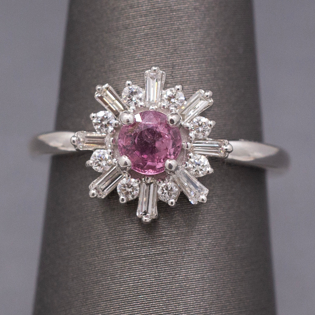 Sweet Pink Sapphire and Diamond Starburst Ring in 14k White Gold