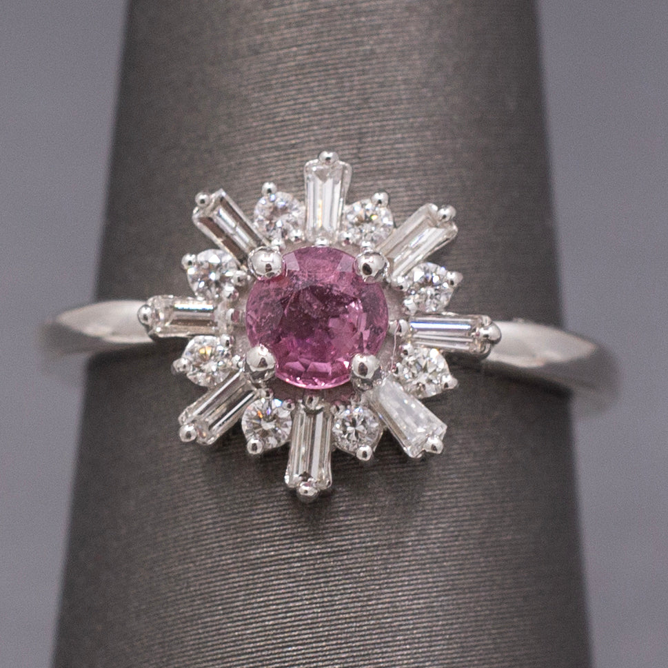 Sweet Pink Sapphire and Diamond Starburst Ring in 14k White Gold