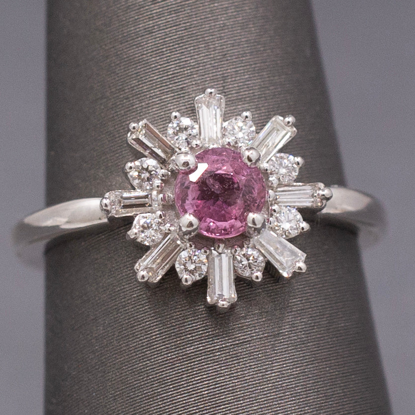 Sweet Pink Sapphire and Diamond Starburst Ring in 14k White Gold