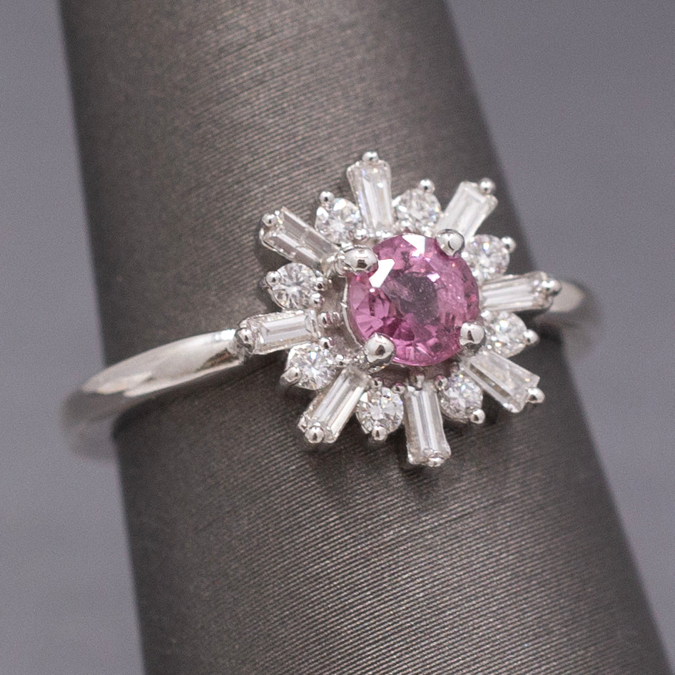 Sweet Pink Sapphire and Diamond Starburst Ring in 14k White Gold