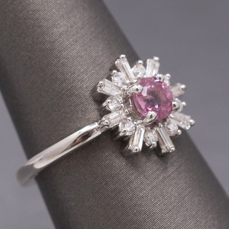 Sweet Pink Sapphire and Diamond Starburst Ring in 14k White Gold