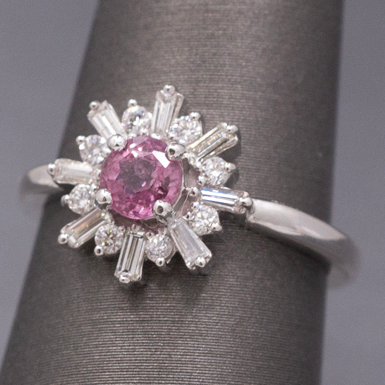 Sweet Pink Sapphire and Diamond Starburst Ring in 14k White Gold