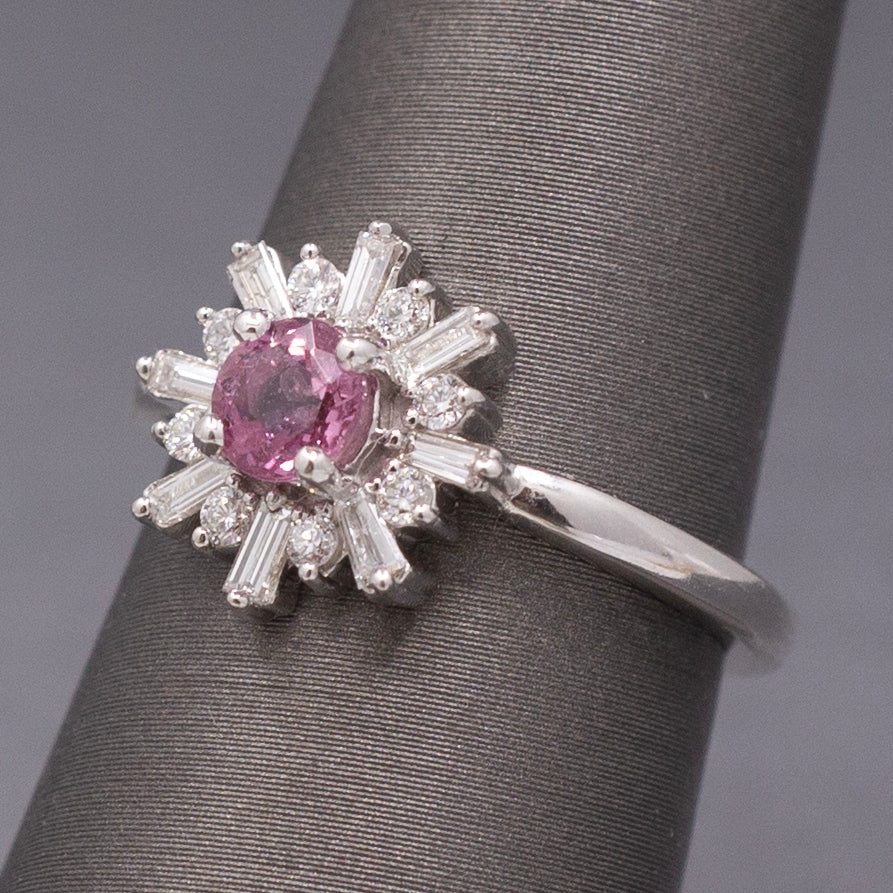 Sweet Pink Sapphire and Diamond Starburst Ring in 14k White Gold