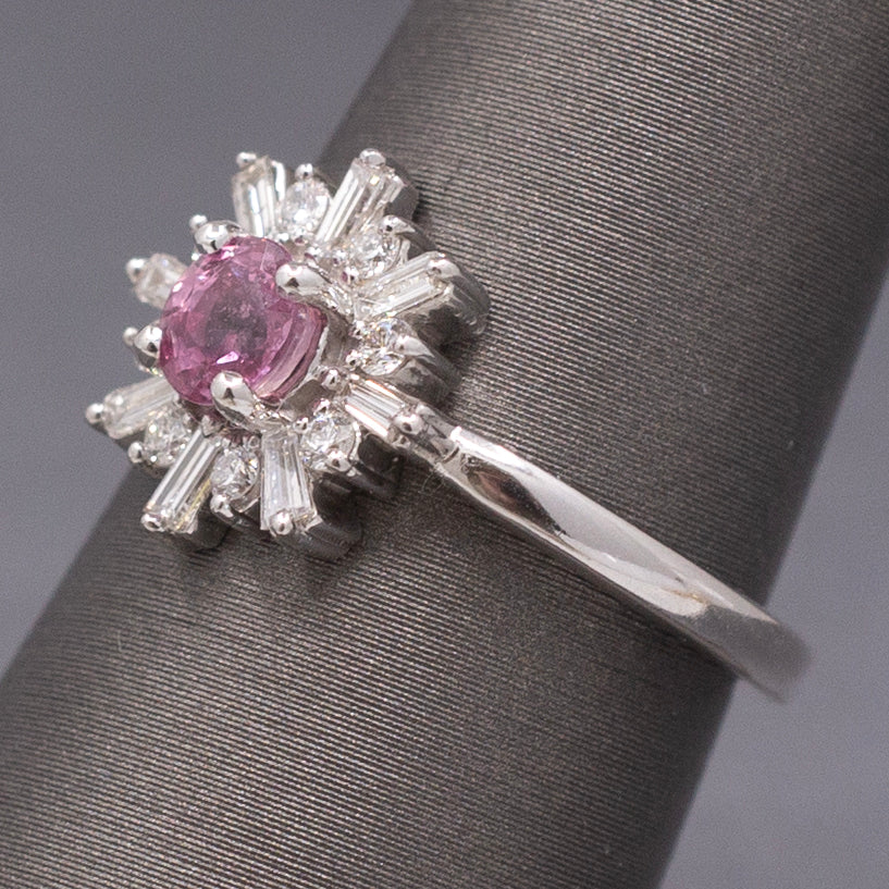 Sweet Pink Sapphire and Diamond Starburst Ring in 14k White Gold