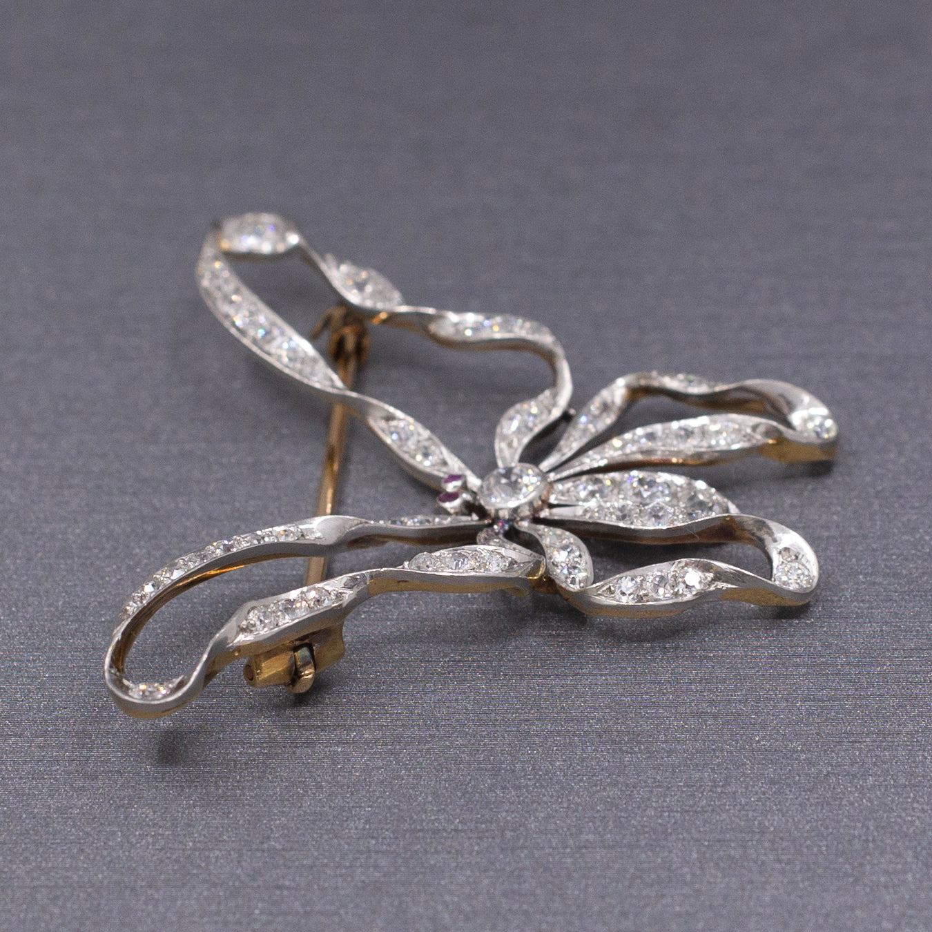 Exquisite Edwardian Old European Cut Diamond and Ruby Butterfly Brooch Pin in Platinum & 14k Gold