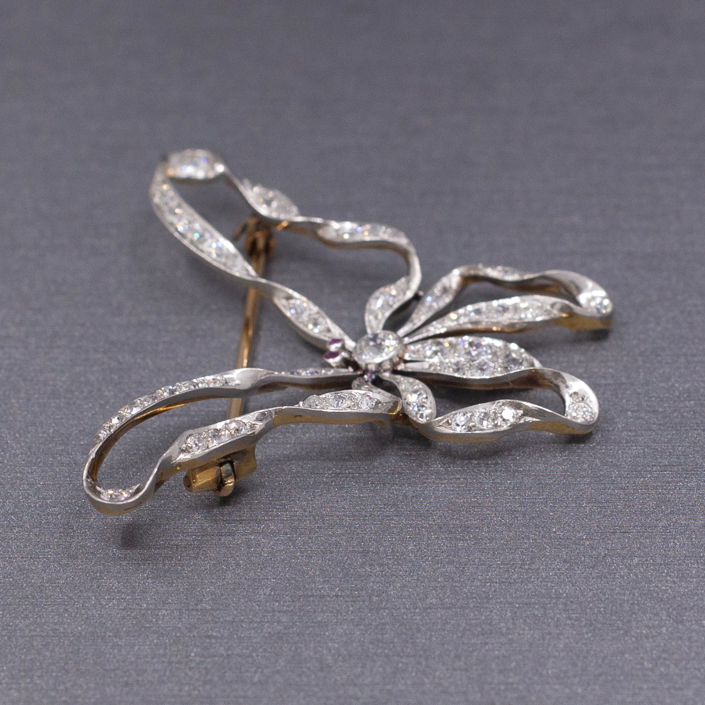 Exquisite Edwardian Old European Cut Diamond and Ruby Butterfly Brooch Pin in Platinum & 14k Gold