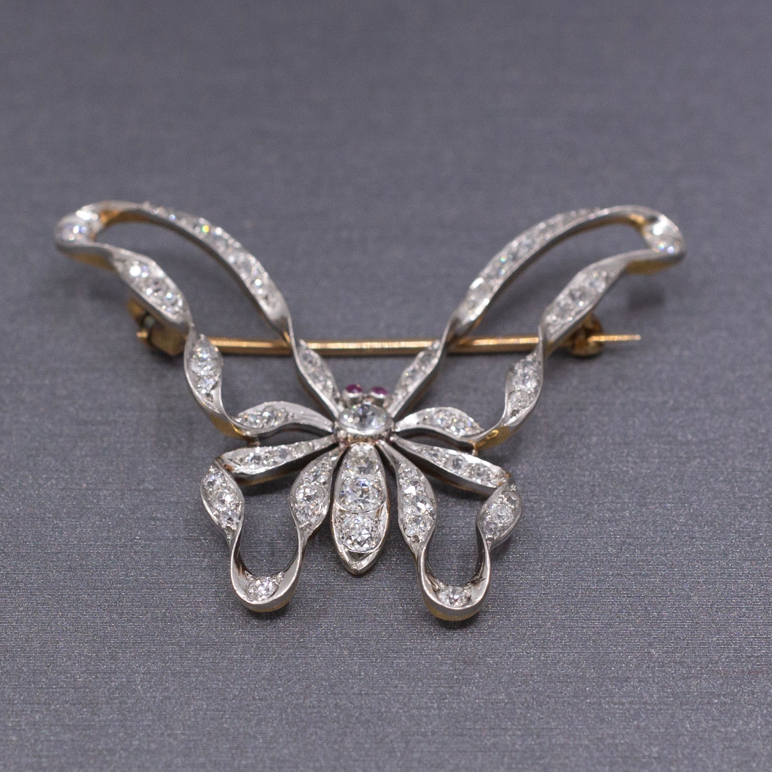 Exquisite Edwardian Old European Cut Diamond and Ruby Butterfly Brooch Pin in Platinum & 14k Gold