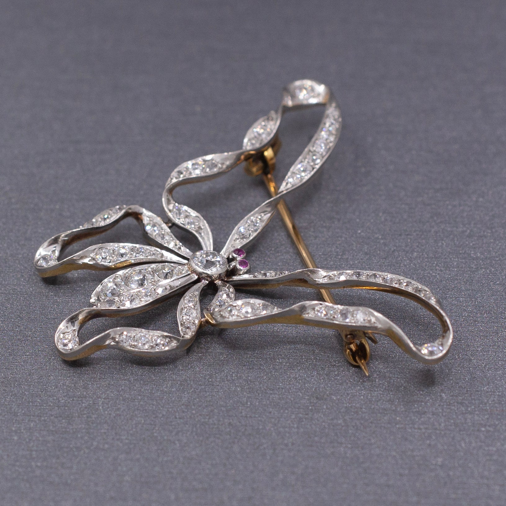 Exquisite Edwardian Old European Cut Diamond and Ruby Butterfly Brooch Pin in Platinum & 14k Gold