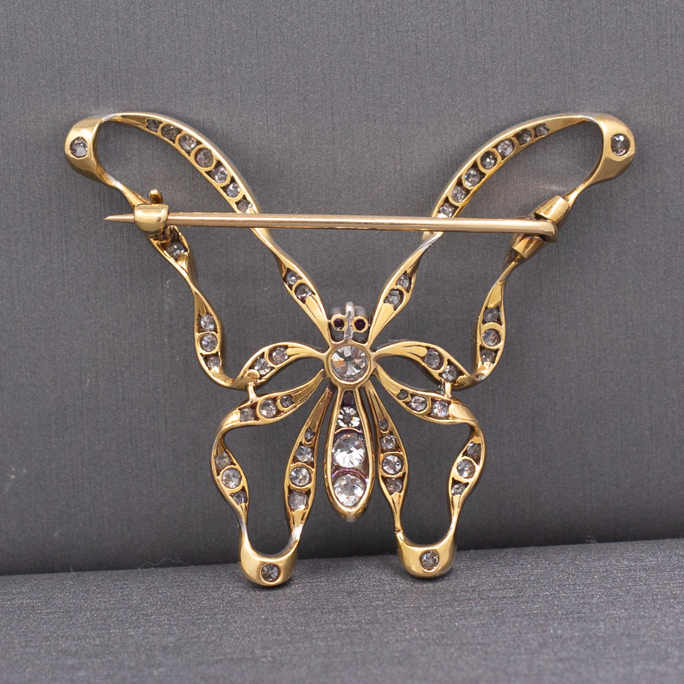 Exquisite Edwardian Old European Cut Diamond and Ruby Butterfly Brooch Pin in Platinum & 14k Gold