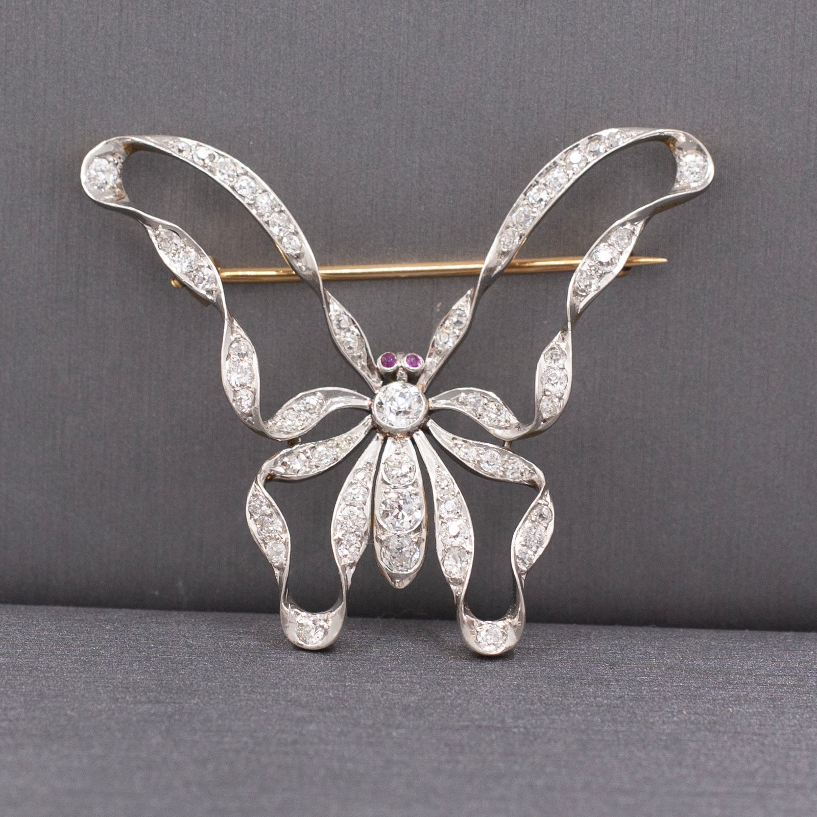 Exquisite Edwardian Old European Cut Diamond and Ruby Butterfly Brooch Pin in Platinum & 14k Gold