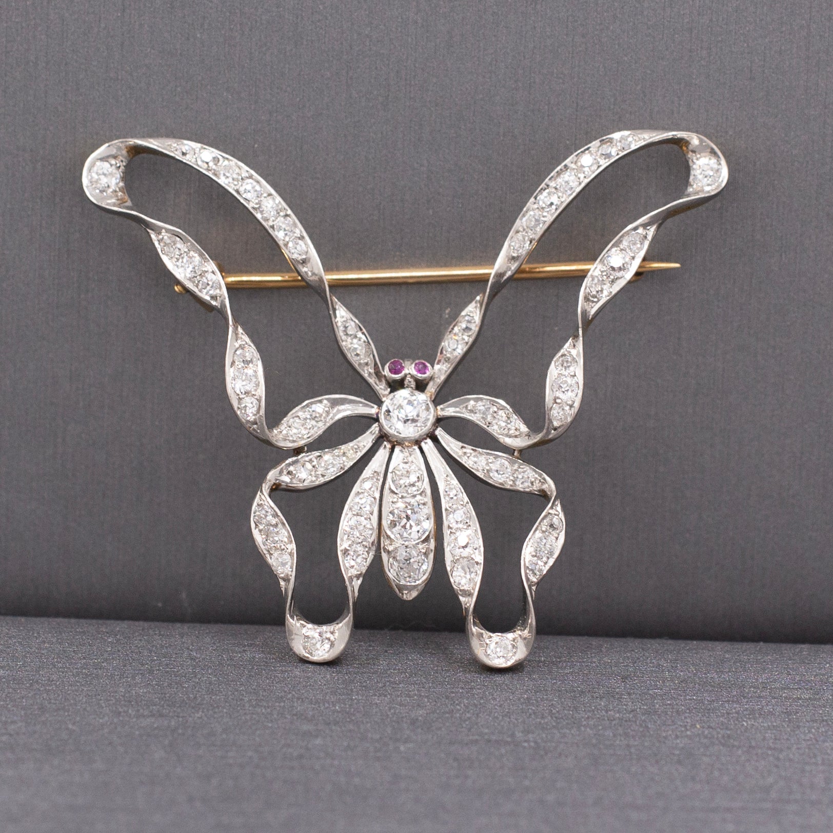 Exquisite Edwardian Old European Cut Diamond and Ruby Butterfly Brooch Pin in Platinum & 14k Gold