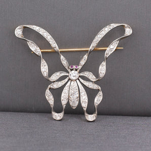 Exquisite Edwardian Old European Cut Diamond and Ruby Butterfly Brooch Pin in Platinum & 14k Gold
