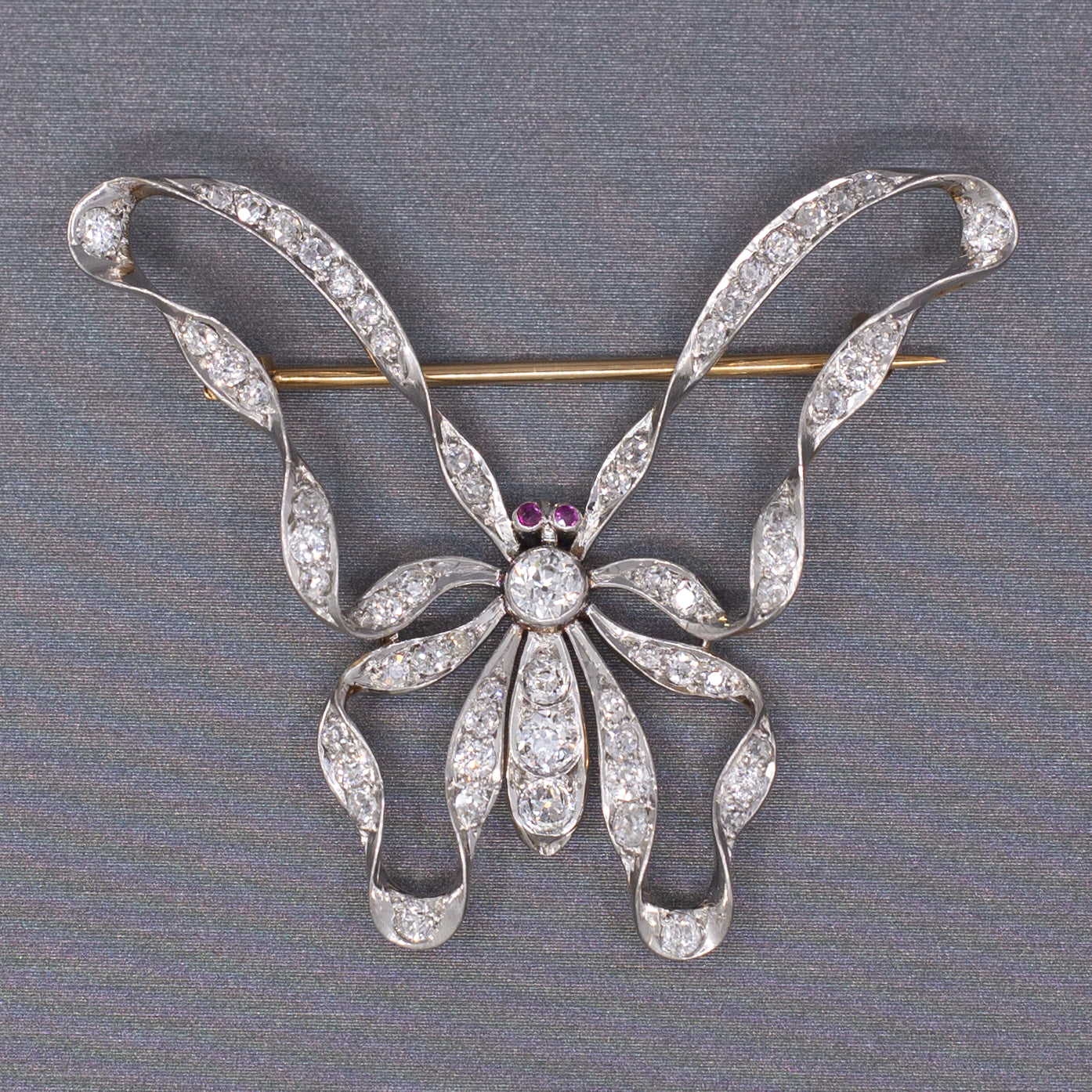 Exquisite Edwardian Old European Cut Diamond and Ruby Butterfly Brooch Pin in Platinum & 14k Gold