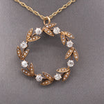 Sweet Antique Victorian Wreath Pendant with Seed Pearls and Old Mine Cut Diamonds in 14 Yellow Gold