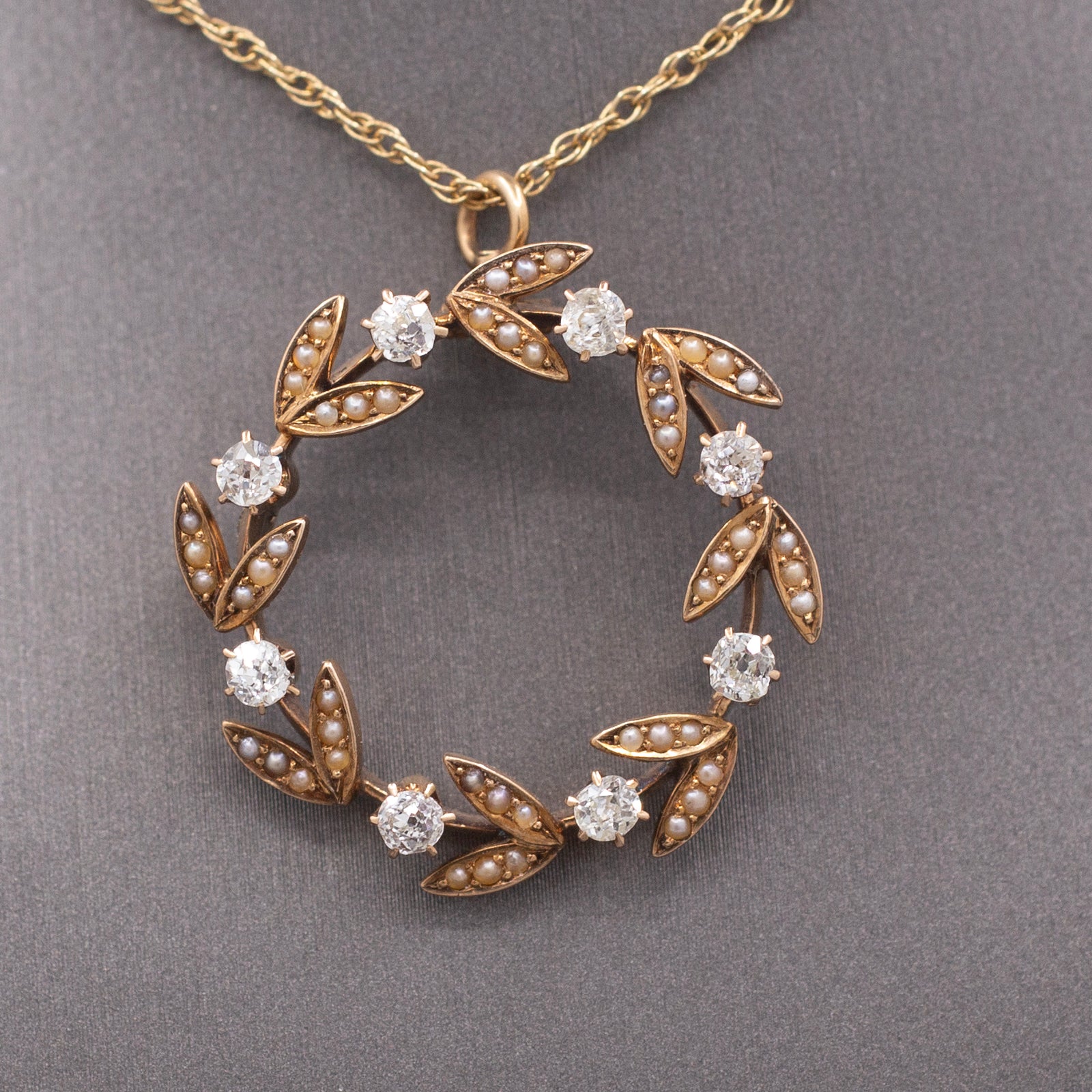 Sweet Antique Victorian Wreath Pendant with Seed Pearls and Old Mine Cut Diamonds in 14 Yellow Gold