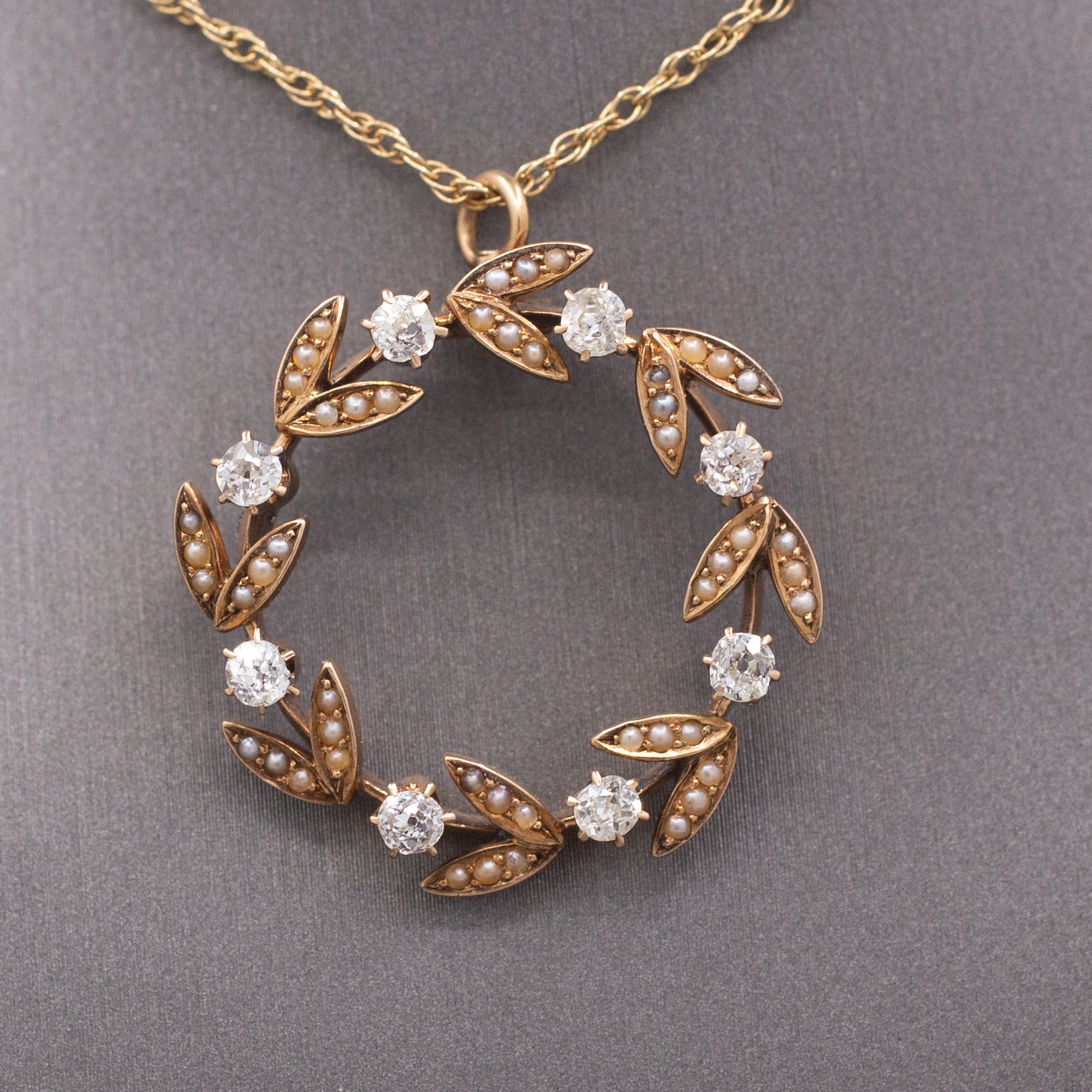 Sweet Antique Victorian Wreath Pendant with Seed Pearls and Old Mine Cut Diamonds in 14 Yellow Gold