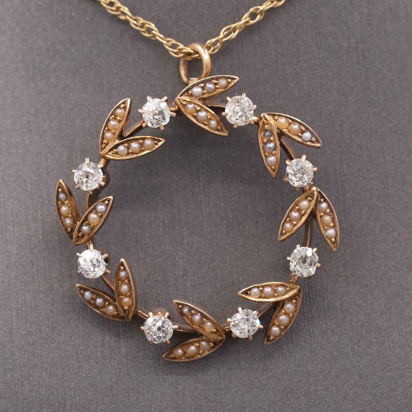 Sweet Antique Victorian Wreath Pendant with Seed Pearls and Old Mine Cut Diamonds in 14 Yellow Gold