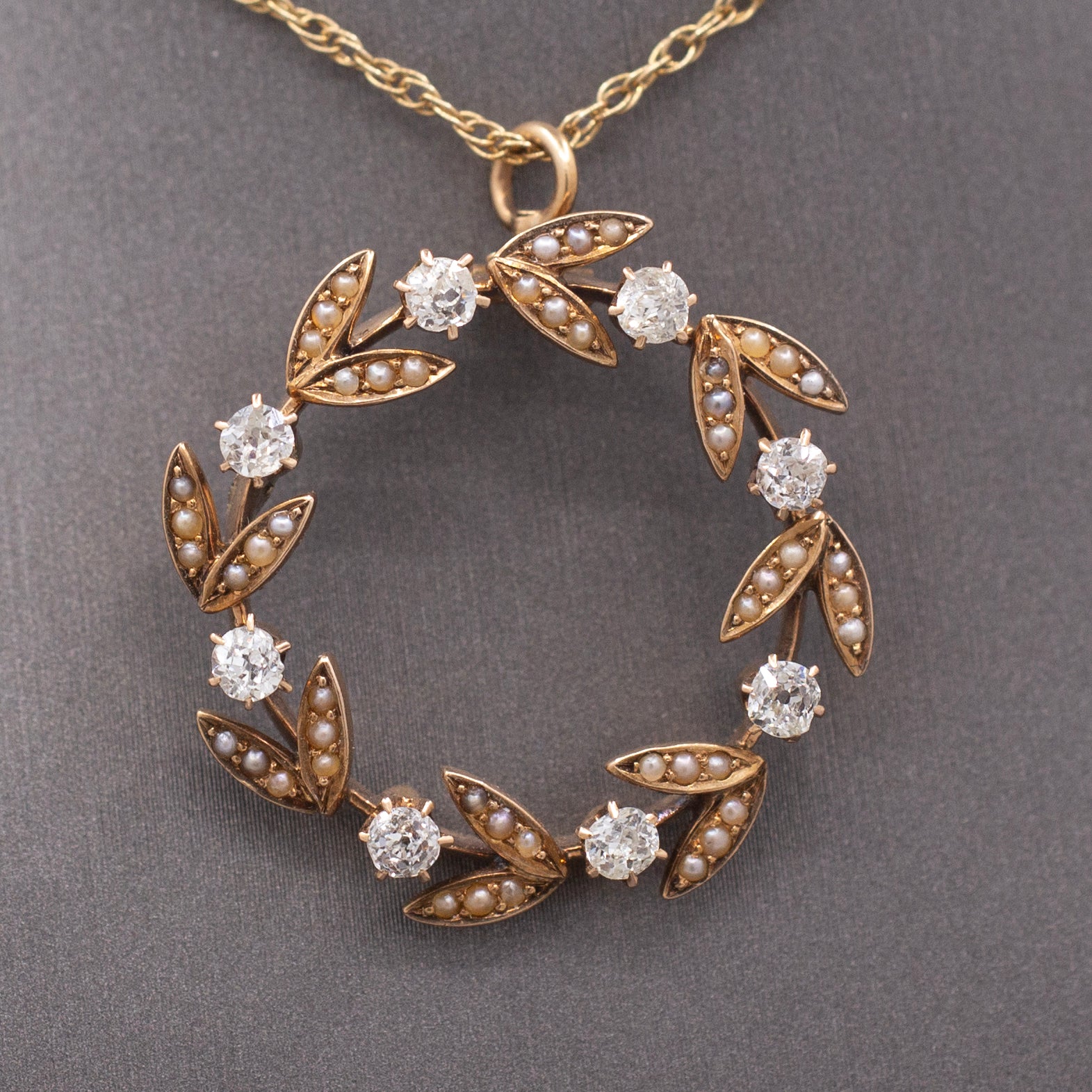 Sweet Antique Victorian Wreath Pendant with Seed Pearls and Old Mine Cut Diamonds in 14 Yellow Gold