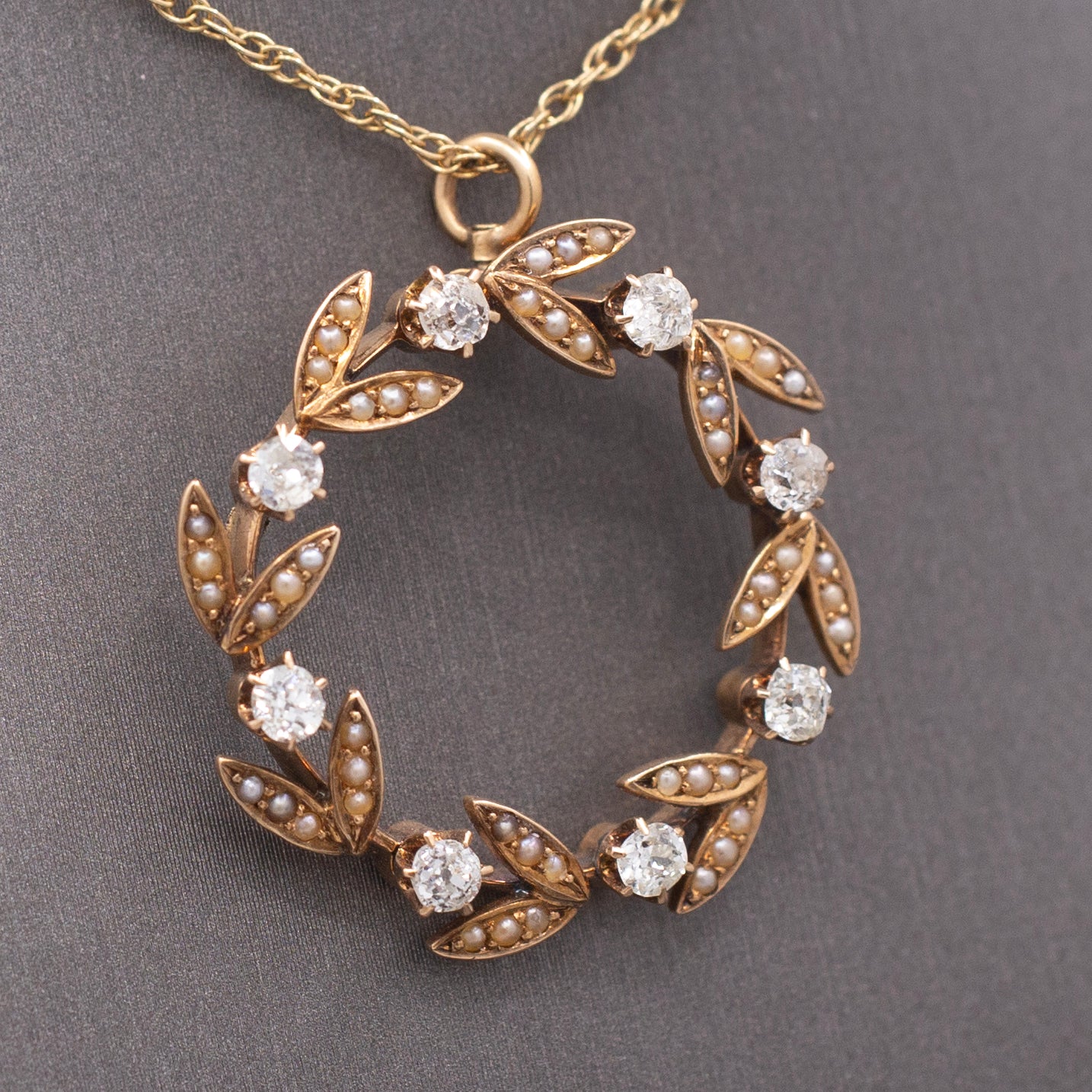 Sweet Antique Victorian Wreath Pendant with Seed Pearls and Old Mine Cut Diamonds in 14 Yellow Gold